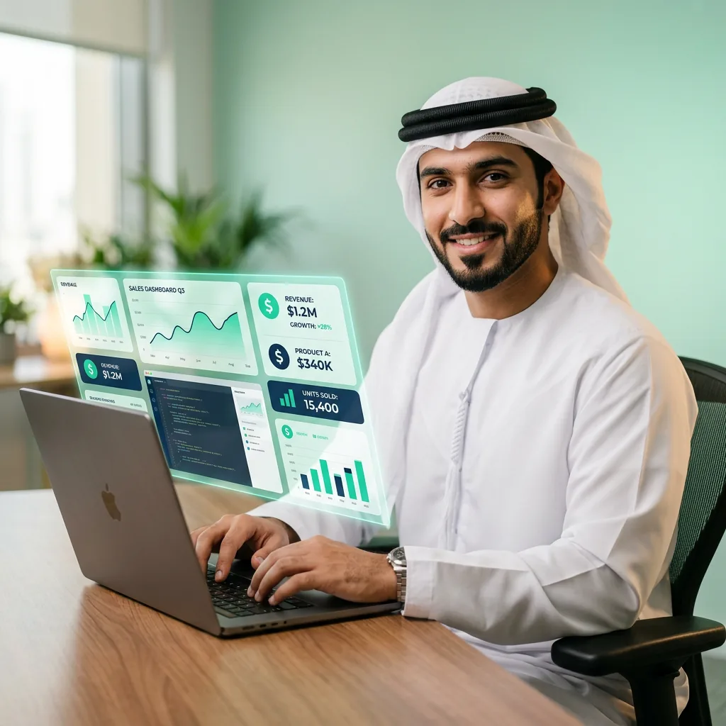 Emirati entrepreneur using the Earnova dashboard with AI-powered cards floating from the laptop